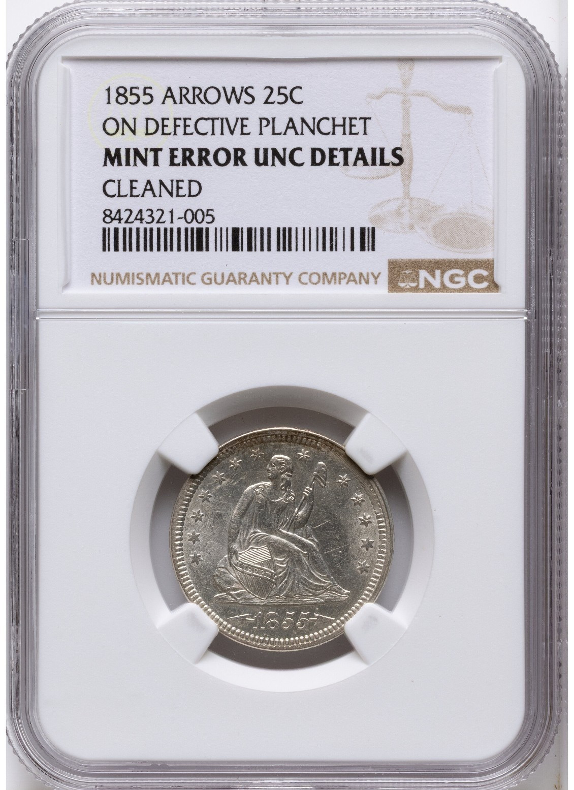 1855 SEATED LIBERTY QUARTER NGC UNC CLEANED DEFECTIVE PLANCHET 1855 SEATED LIBERTY QUARTER NGC UNC CLEANED DEFECTIVE PLANCHET