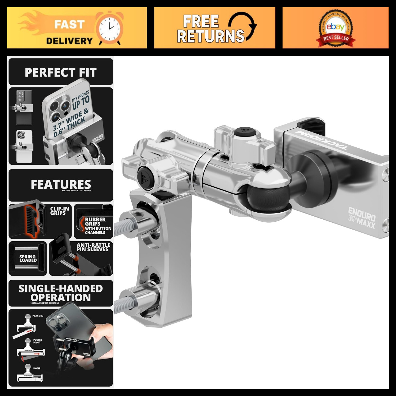 Universal Chrome Motorcycle Phone Mount - 20MAXX Spring Cradle, 3.5\