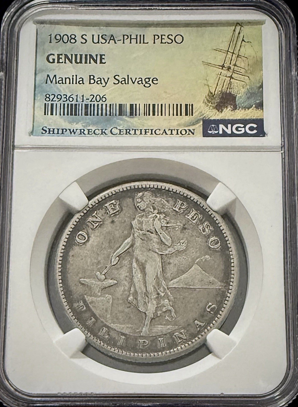 1908-S Philippines Peso NGC AU Details Manila Bay Salvage WWII | Navy Recovery