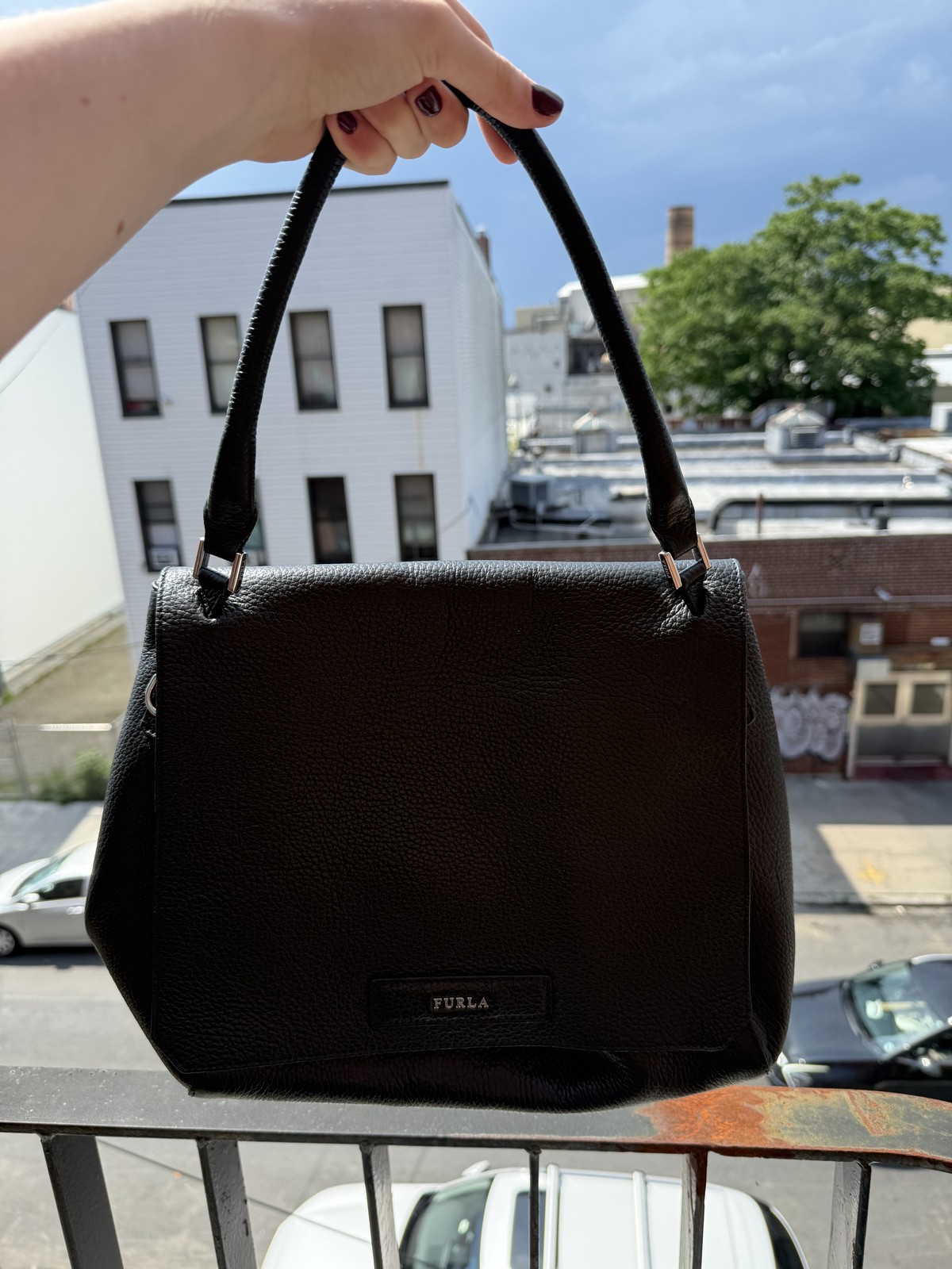 Furla Flap Shoulder Bag Womens One Size Black Pebbled Leather Rose Gold Hardware