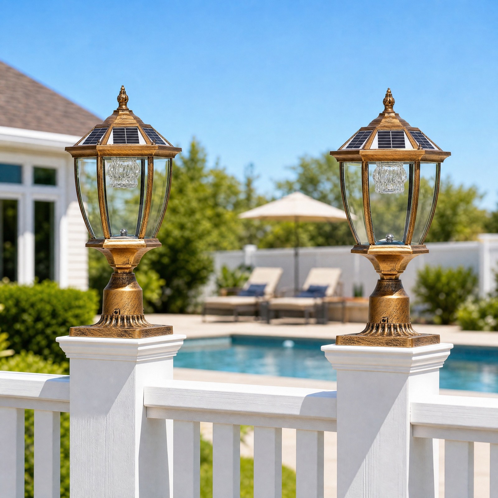 2 Pack 20'' Solar Lamp Post LED Light Gold Outdoor Dusk to Dawn Pier Mount Base