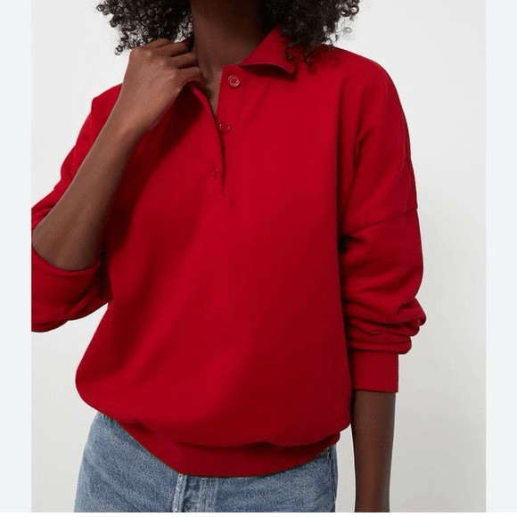 NWT Tuckernuck Pomander Place Women Red Bode Tuckernuck Pullover Polo Sweatshirt