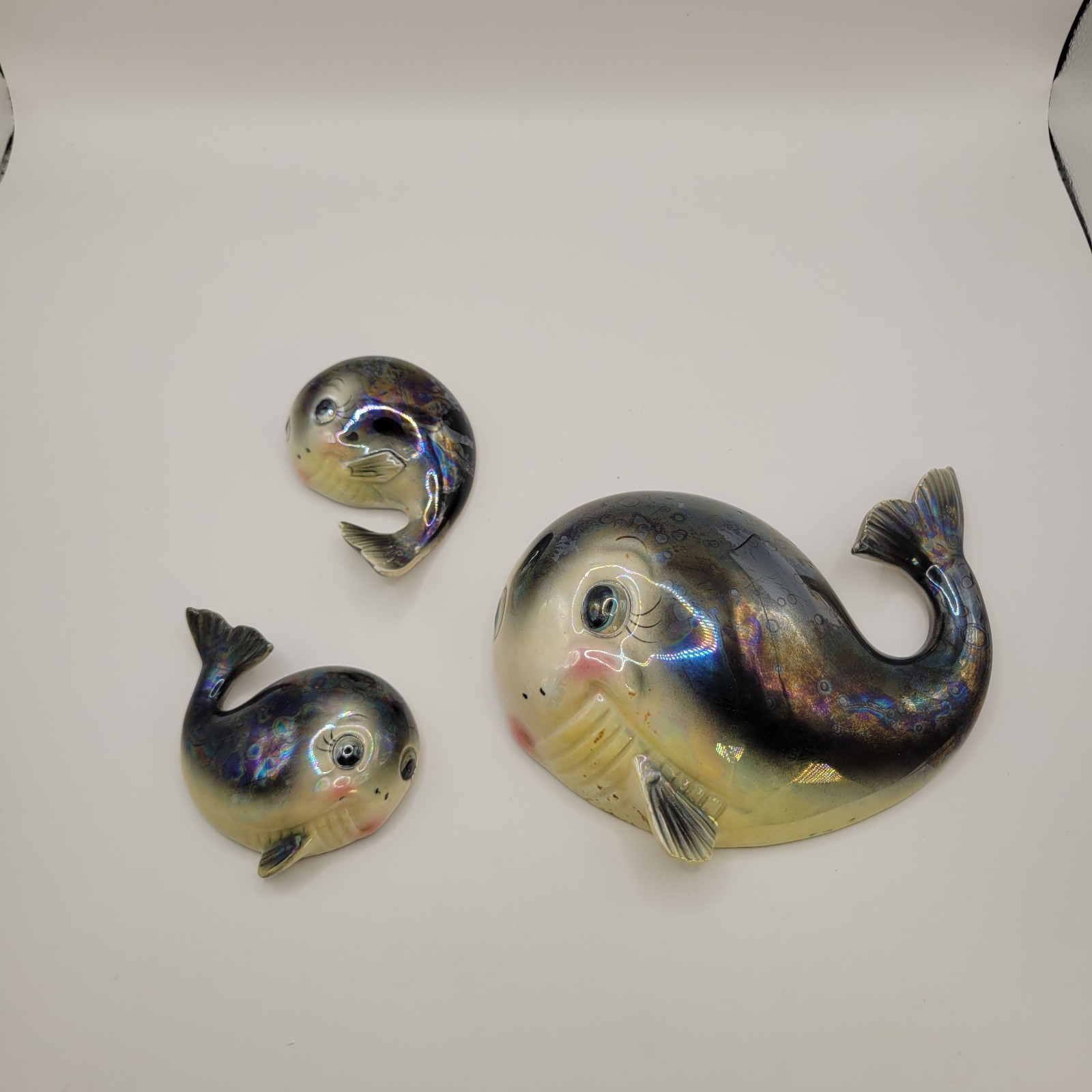 Vintage 1950s 60's Norcrest Whale Family Iridescent Wall Plaques Vintage MCM