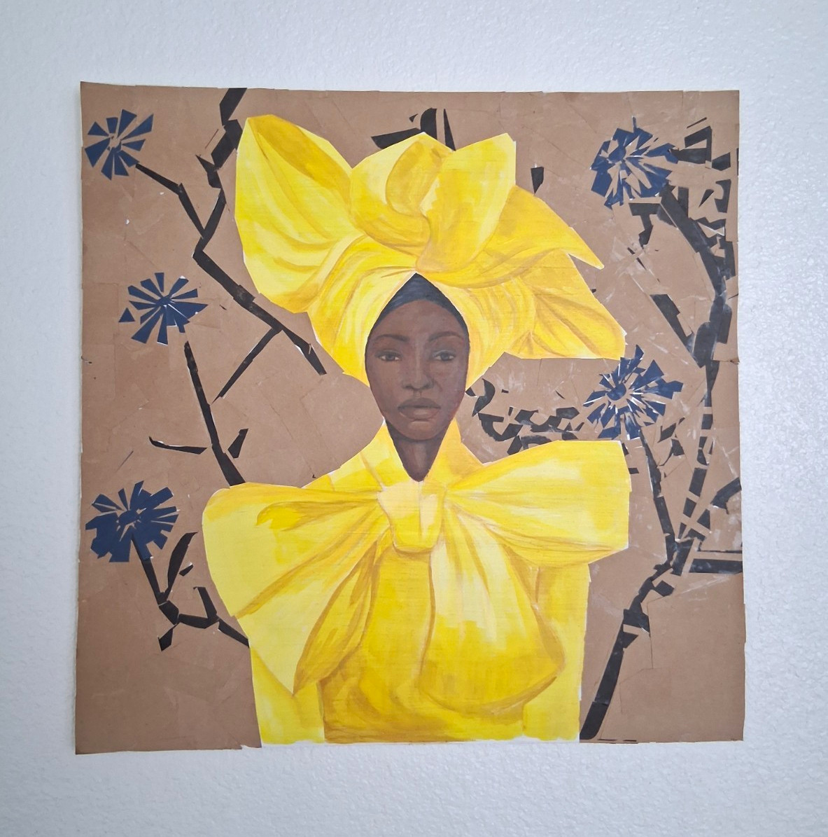 Contemporary Portrait Painting Woman in Yellow Headwrap on Paper, Unframed Contemporary Portrait Painting Woman in Yellow Headwrap on Paper, Unframed