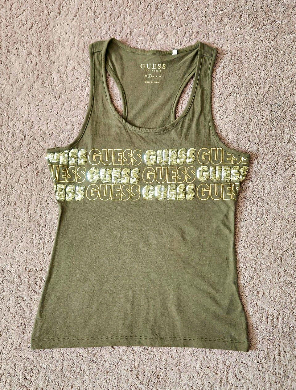 GUESS Women’s Green Racerback Sequin Logo Scoop Neck Tank Top Size S GUESS Women’s Green Racerback Sequin Logo Scoop Neck Tank Top Size S
