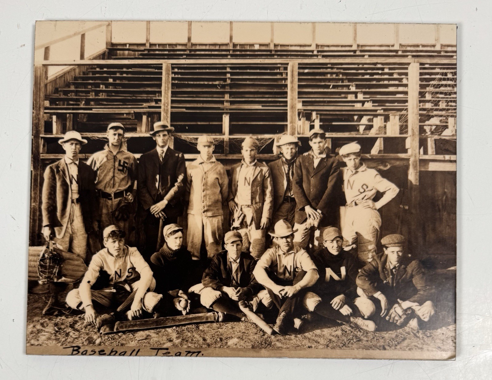 Vintage c1910s Baseball Team Photo NS Jerseys Wooden Bleachers