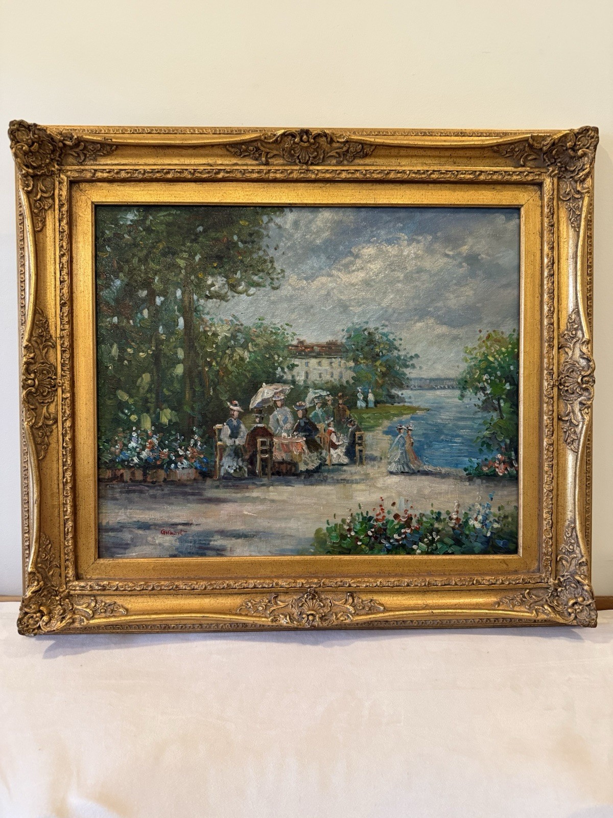 Oil Painting Depicting An Impressionist Lakeside Scene - Signed Gilbert. Framed Oil Painting Depicting An Impressionist Lakeside Scene - Signed Gilbert. Framed