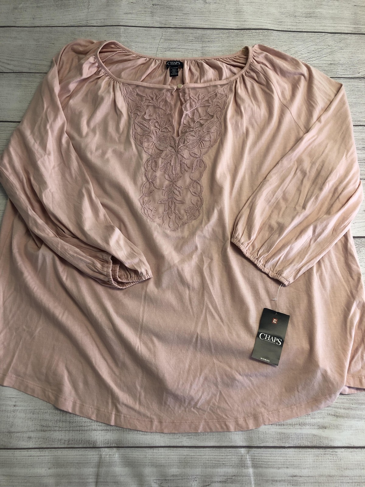 Chaps Blouse Womens 2X Plus Pink Embroidered Scoop Neck 3/4 Sleeve Tunic Top