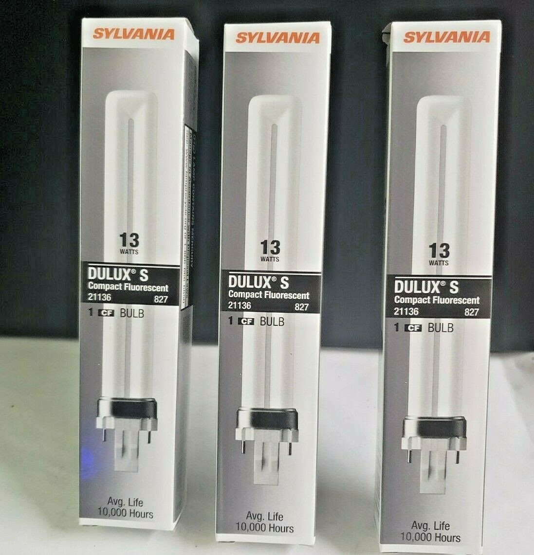 3x Sylvania Dulux S 13W 2700K 21136 CF13DS/827 2-PIN Compact Fluorescent Bulb 3x Sylvania Dulux S 13W 2700K 21136 CF13DS/827 2-PIN Compact Fluorescent Bulb
