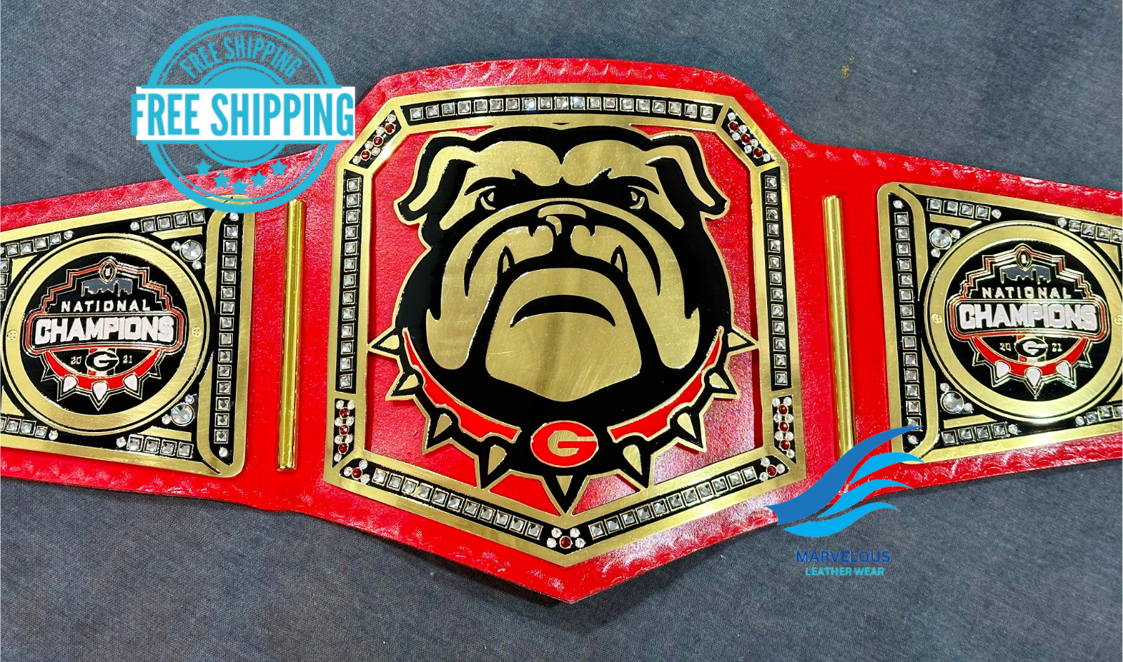 New GEORGIA BULLDOG NATIONAL CHAMPIONSHIP BELT Adult size 2mm Brass Plate Red New GEORGIA BULLDOG NATIONAL CHAMPIONSHIP BELT Adult size 2mm Brass Plate Red