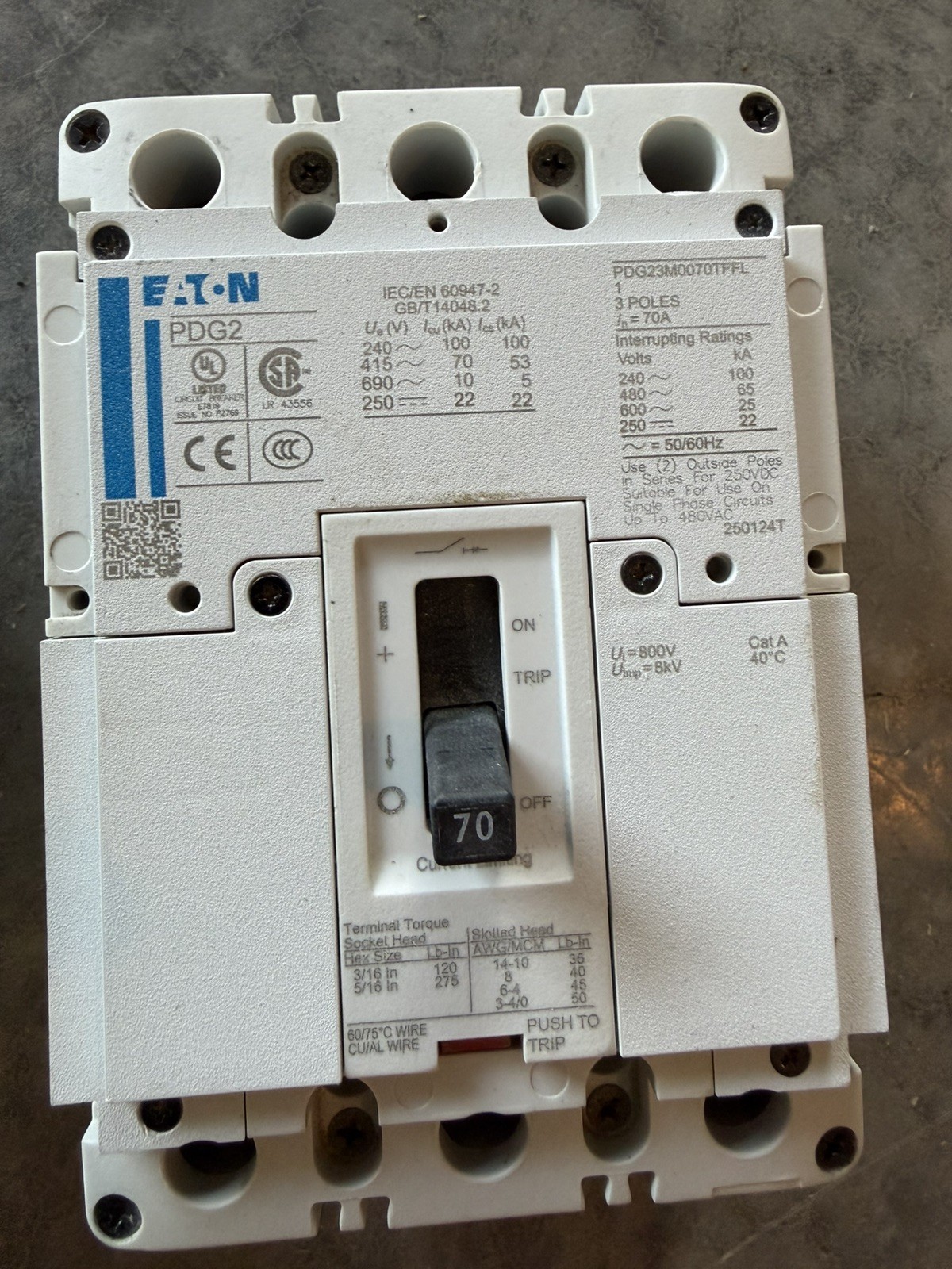 USED EATON PDG23M0070TFFL Circuit Breaker 70 Amp 3 Pole Power Defense USED EATON PDG23M0070TFFL Circuit Breaker 70 Amp 3 Pole Power Defense
