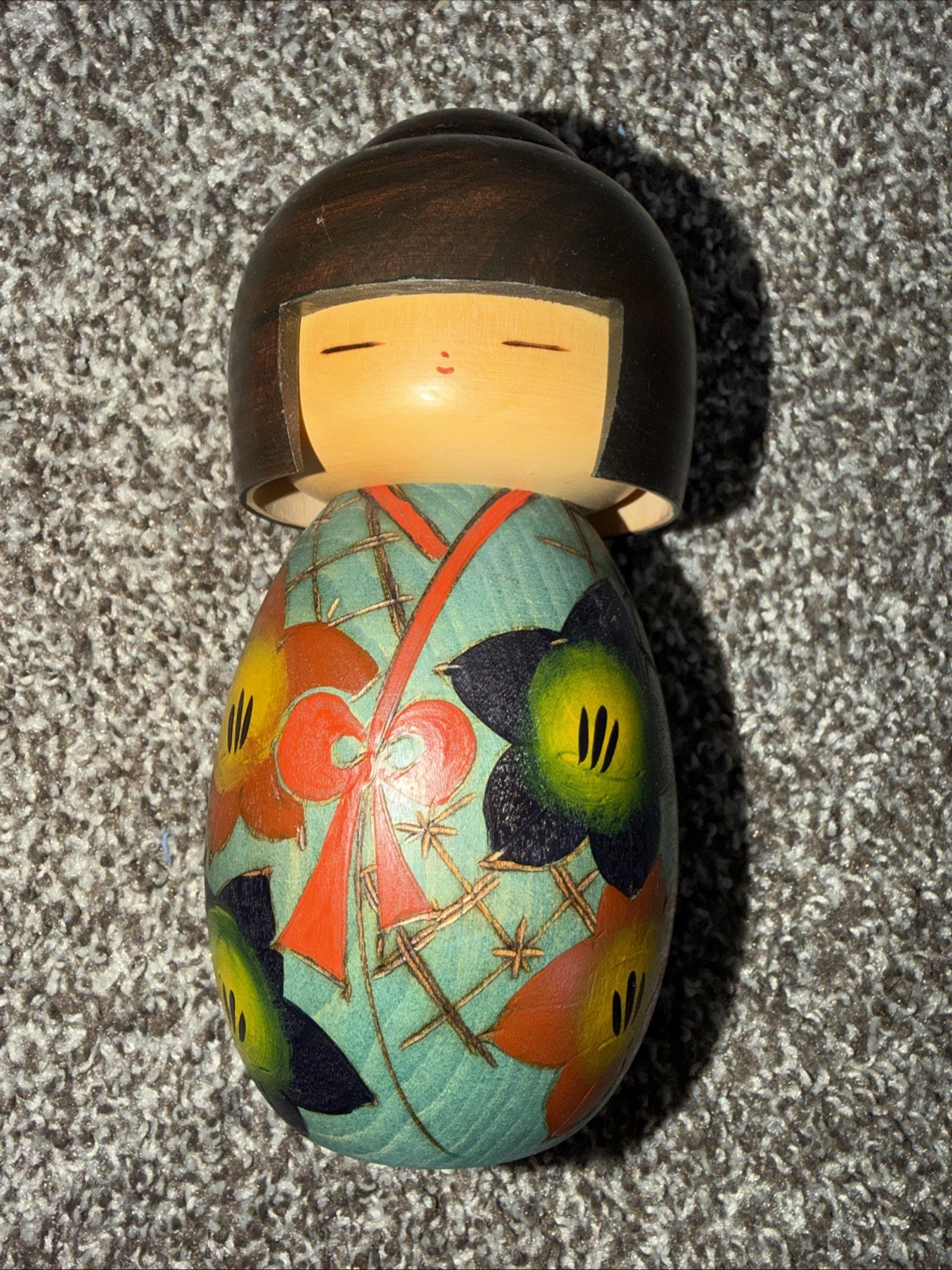 Vintage Kawaii Kokeshi Doll Figure Artist Signed Japanese Wooden Blue Green Vintage Kawaii Kokeshi Doll Figure Artist Signed Japanese Wooden Blue Green