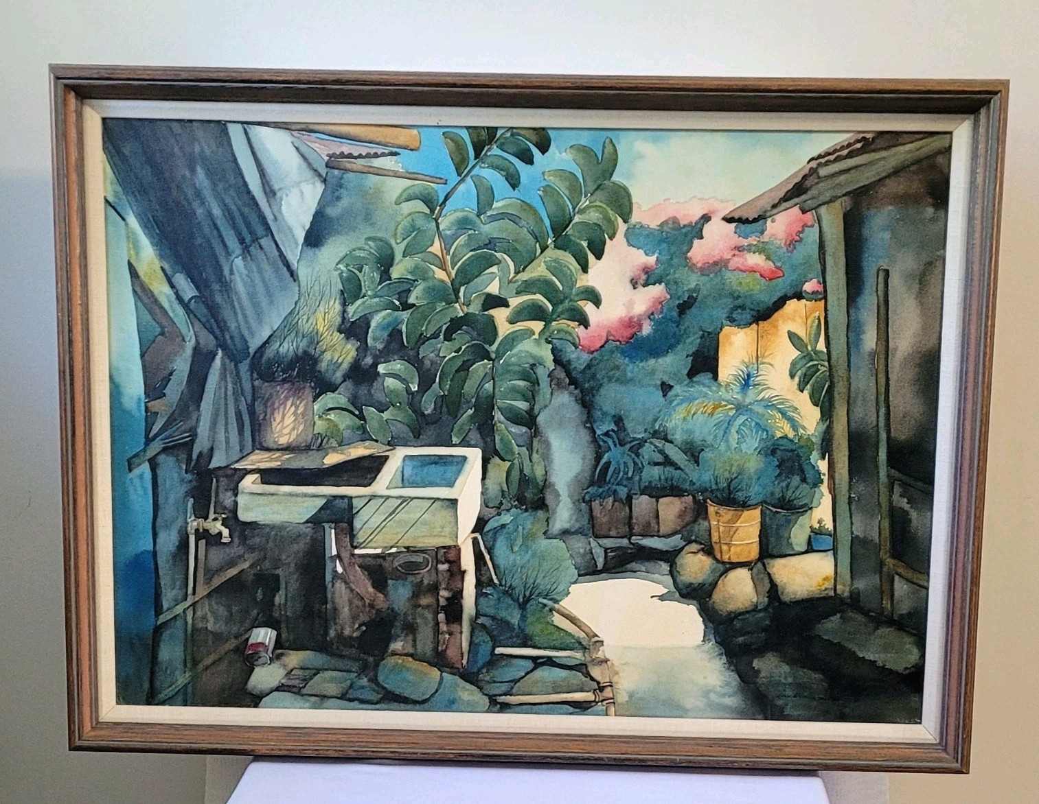 Vintage 1970s Juan Ramirez Custom-Framed Oil Painting - Mexican Courtyard Scene