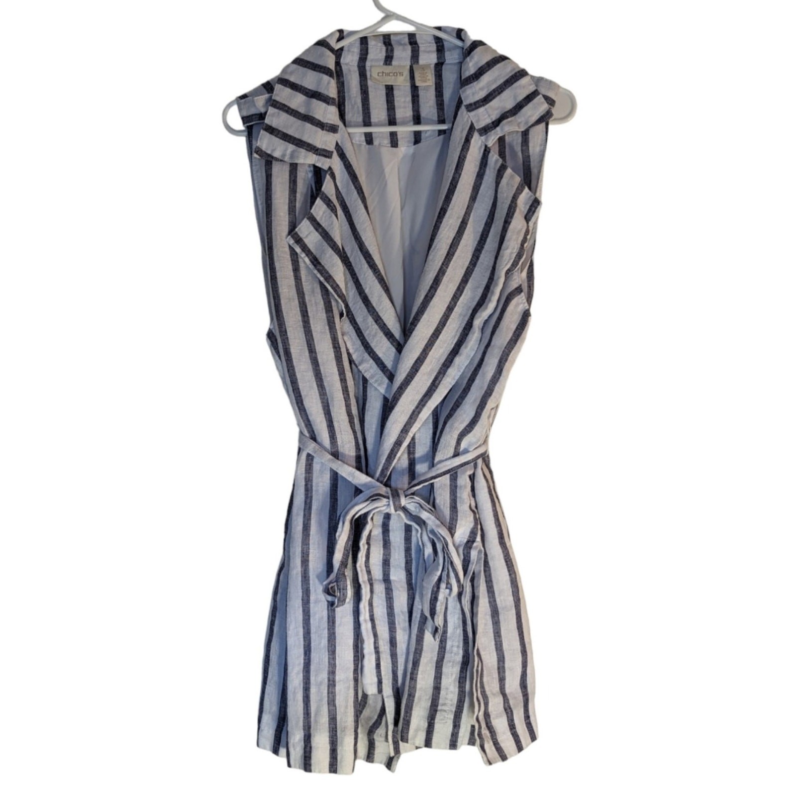 Chico\'s -Woman\'s Open Collar Shirt w/ Tie Waist- NWOT-Flattering Striped Pattern