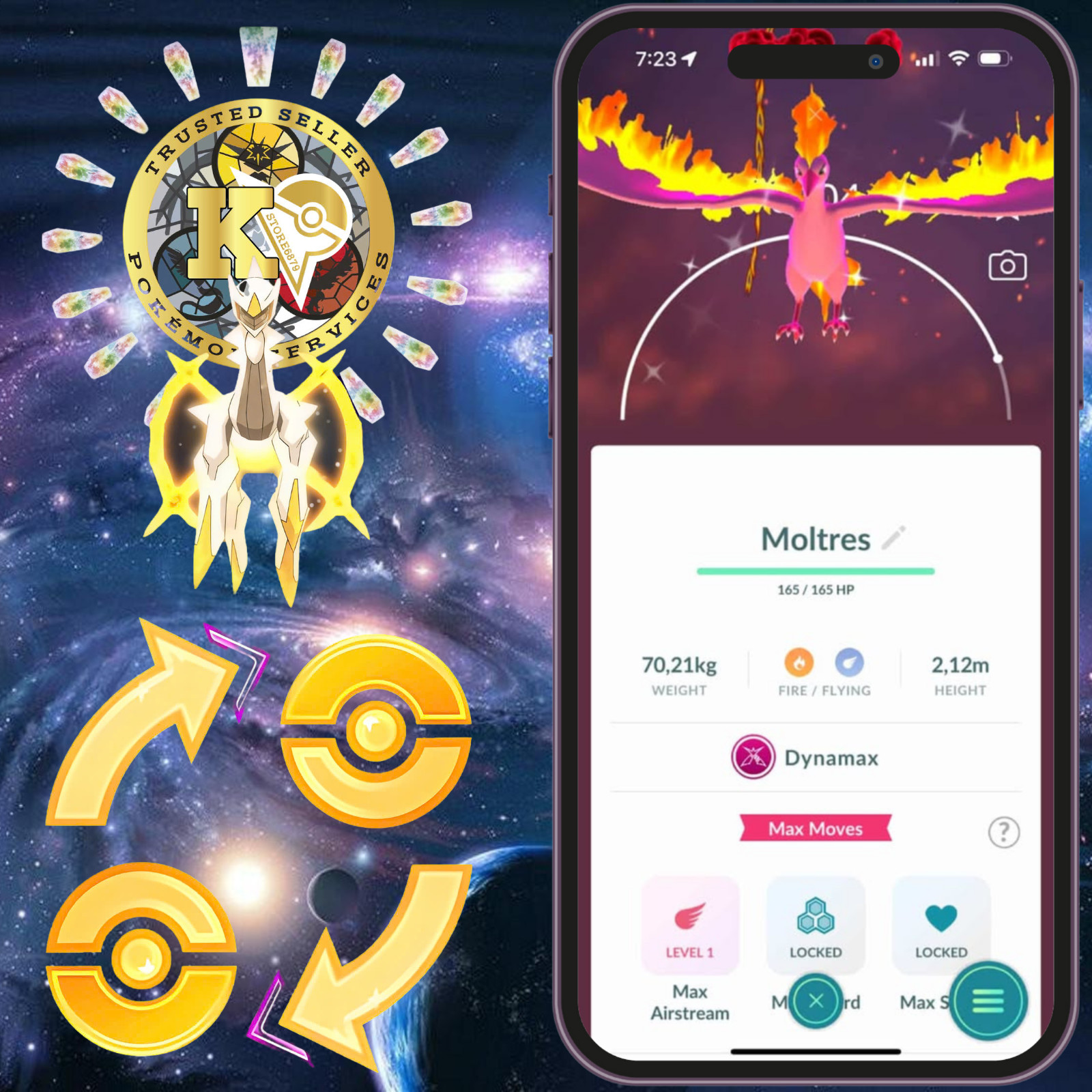Pokémon TRADE—GO — Shiny Dynamax Moltres — Zapdos — Articuno —Digital♻️