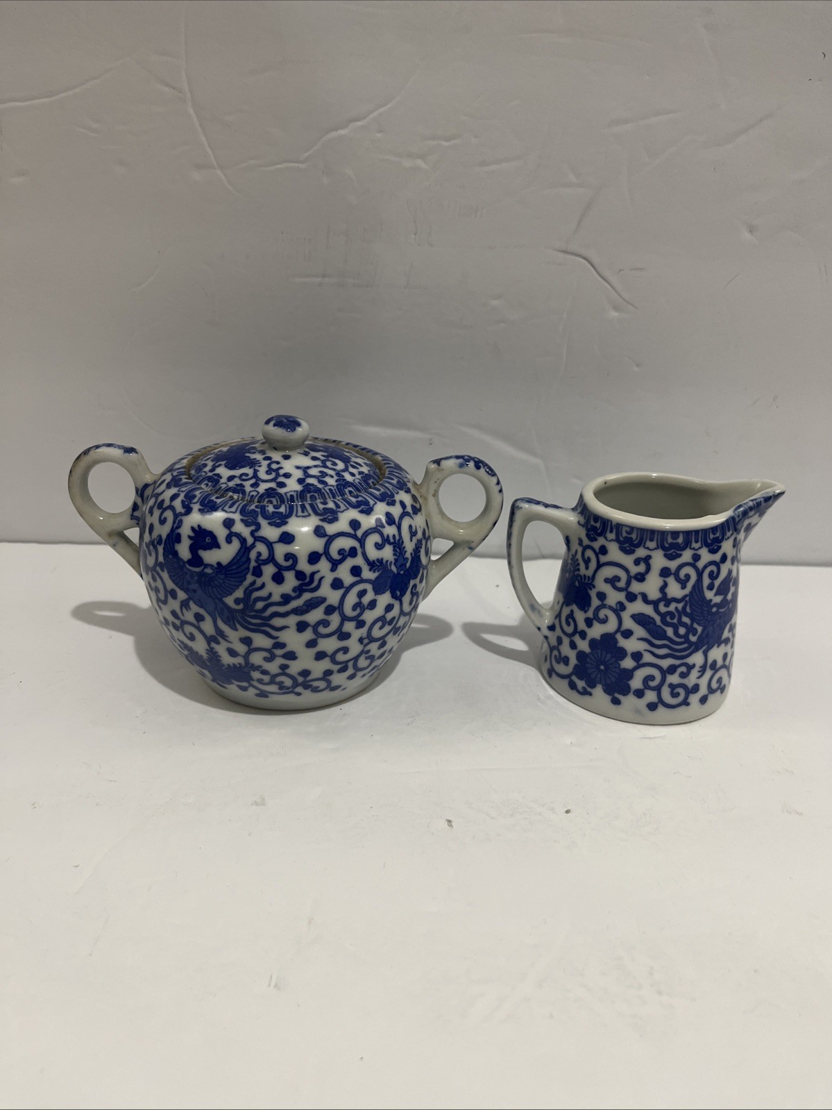Vintage Blue & White Flying PHOENIX Turkey Bird Creamer And Sugar Bowl Set