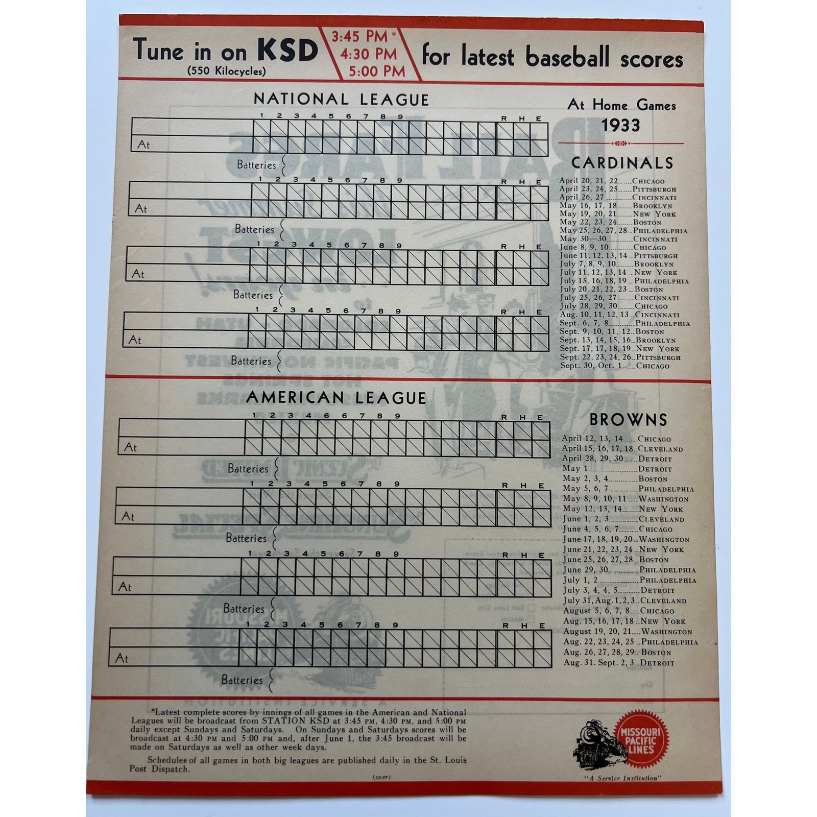 Unused 1933 St Louis Browns St Louis Cardinals Scorecard Missouri Pacific Lines