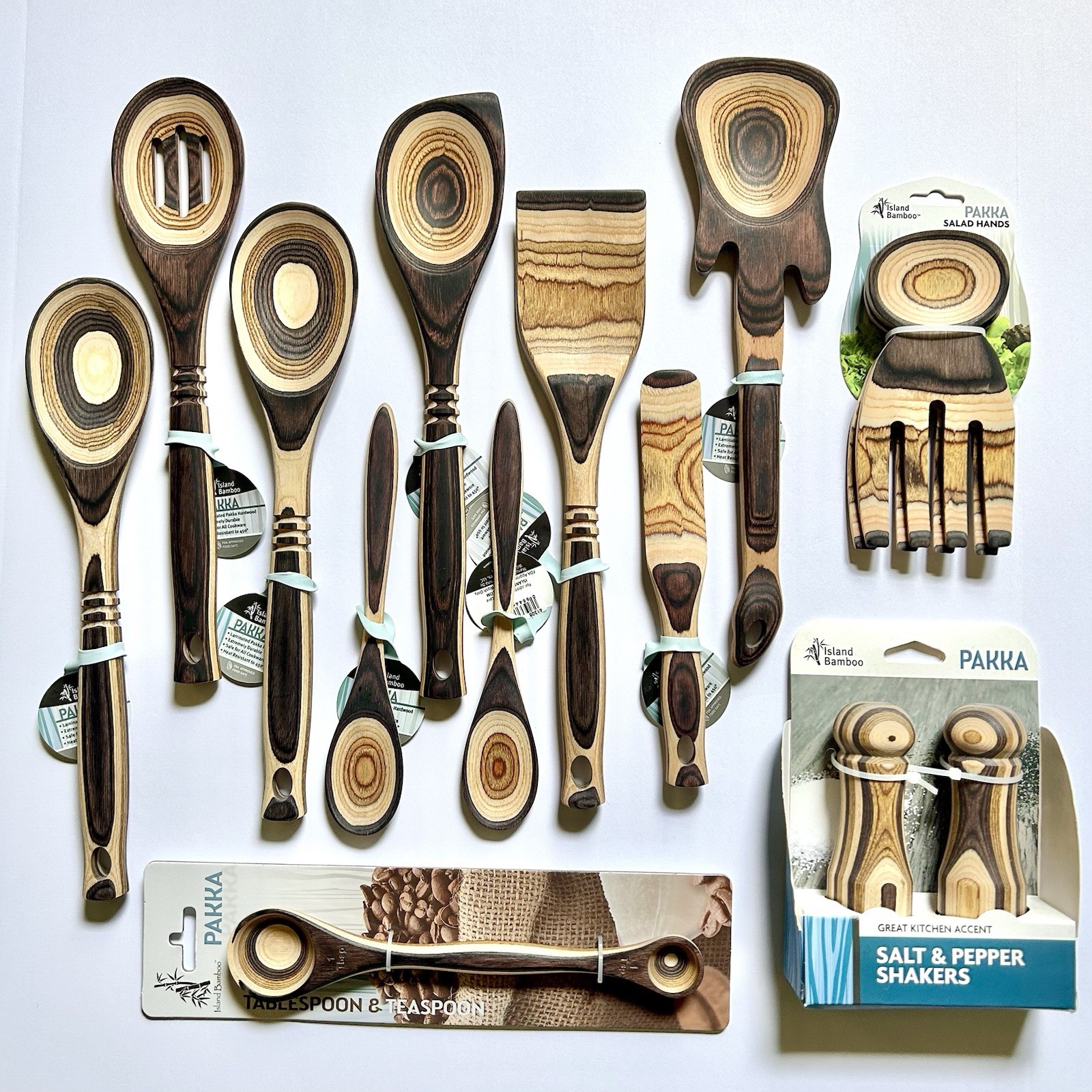 NEW Island Bamboo 14-PIECE SET PAKKAWOOD KITCHEN UTENSILS in Brown Stripe