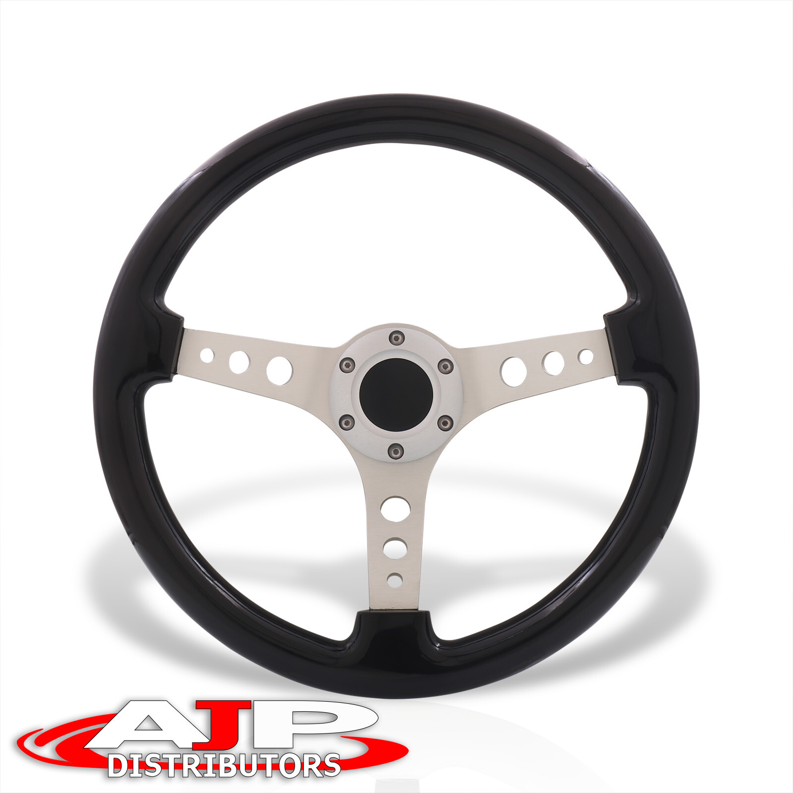 6-Bolt Black Wood Silver Aluminum Deep Steering Wheel + Horn Universal 350mm 14