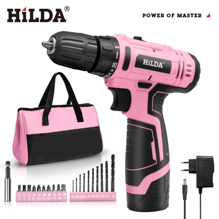 HILDA 12V Mini Cordless Drill 25+1 Torque Wireless Pink Power Tool HILDA 12V Mini Cordless Drill 25+1 Torque Wireless Pink Power Tool