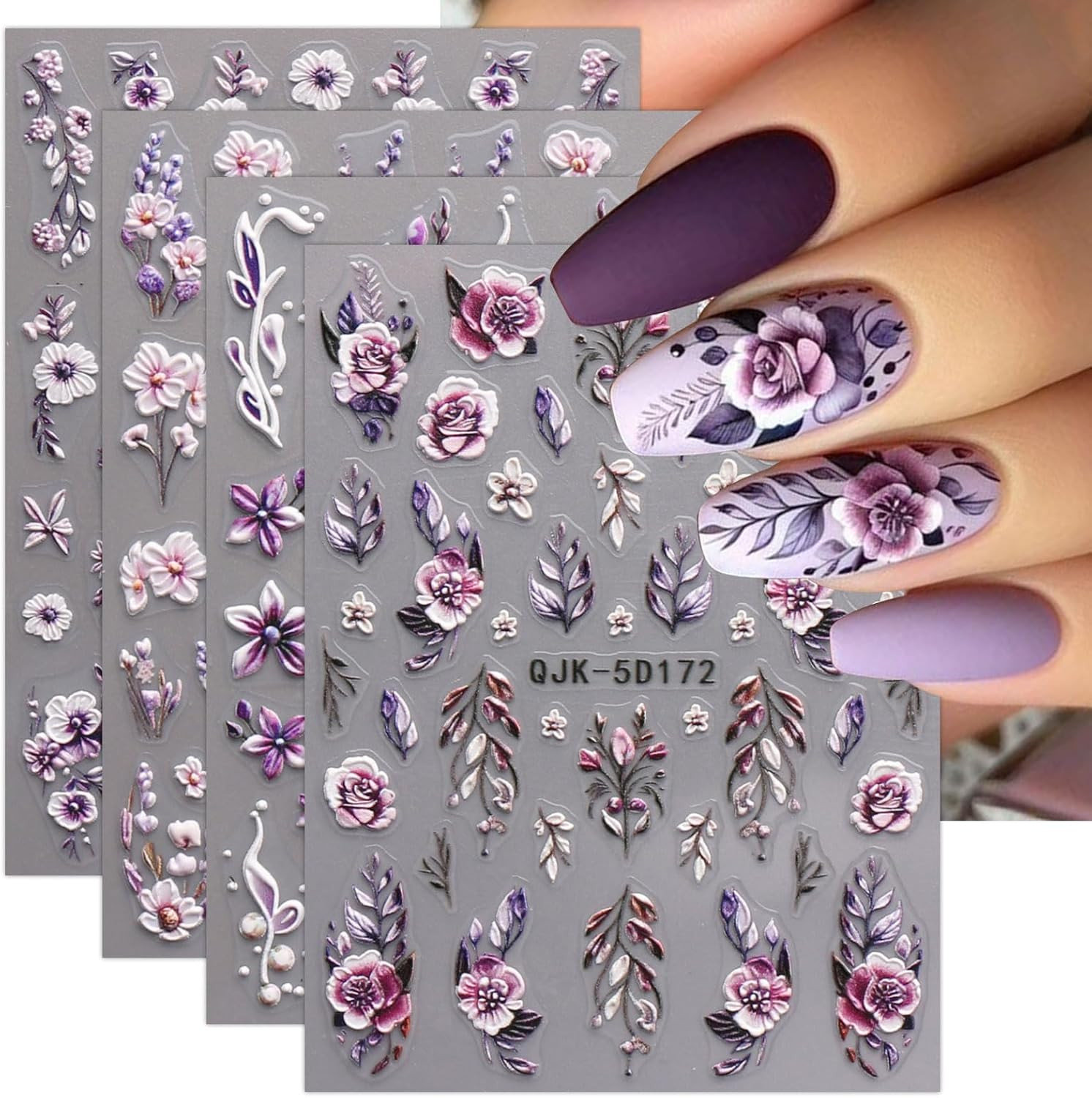 JMEOWIO 3D Embossed Flower Nail Art Stickers Decals Self-Adhesive 5D Spring Summ