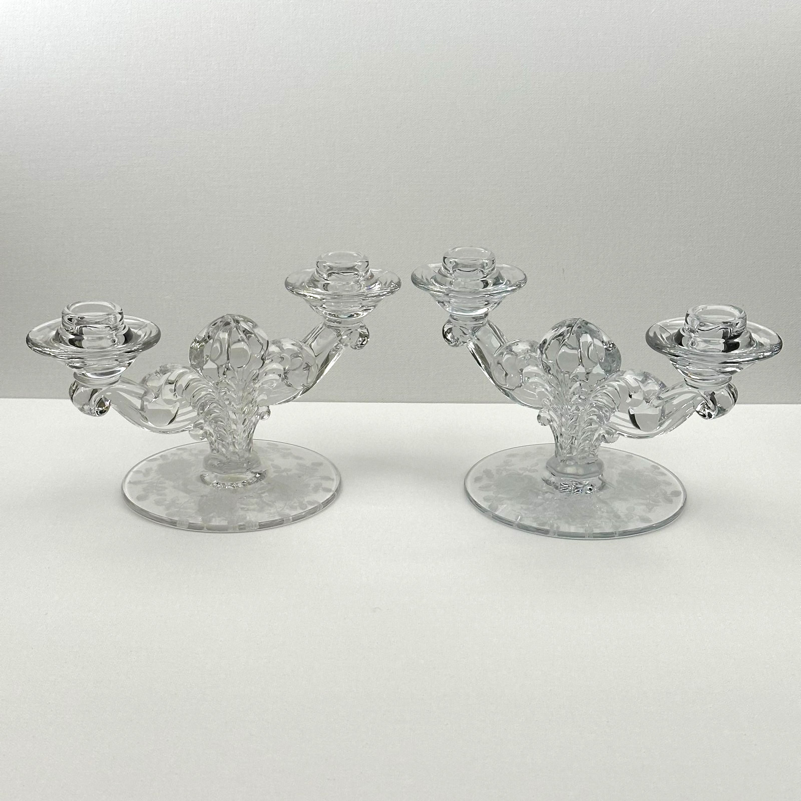 Fostoria Willowmere Double Light Candlestick Holder Etched Pair