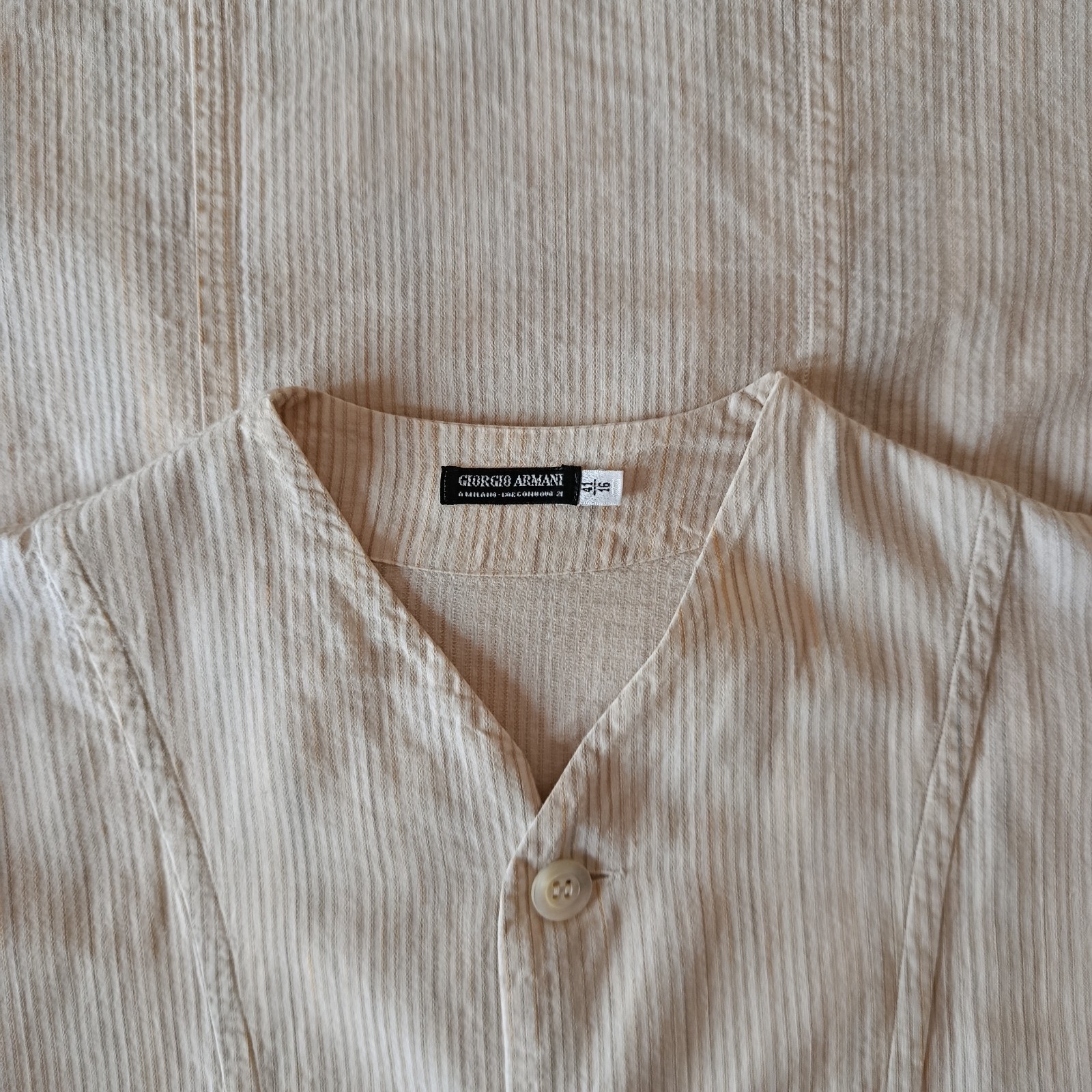 Giorgio Armani Black Label Vintage 90s Striped Textured Collarless Loose Shirt L