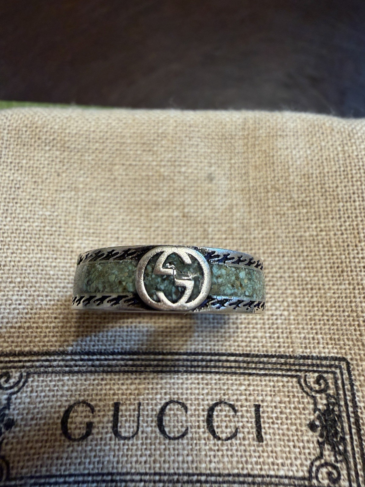 New Authentic Gucci GG Logo Silver Ring Green IT 17 / US 8