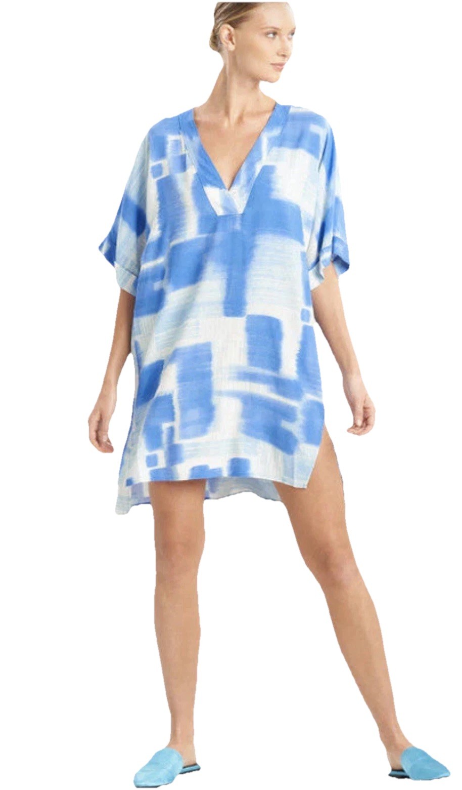Natori Kasuri Size L Ocean Blue/White Sleepshirt Coverup Everyday Beach Timeless