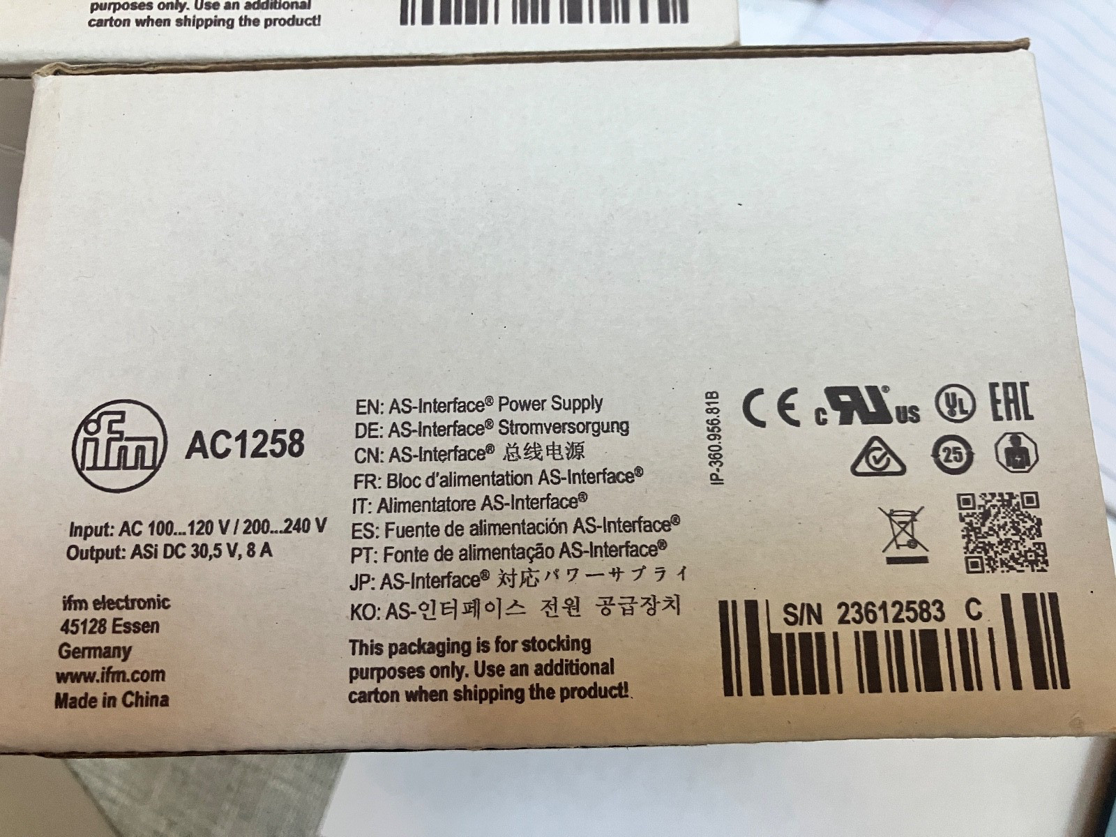 New IFM AC1258 AS-i Power Supply 100-120 / 200-240V, 30.5VDC Output NEW IN BOX