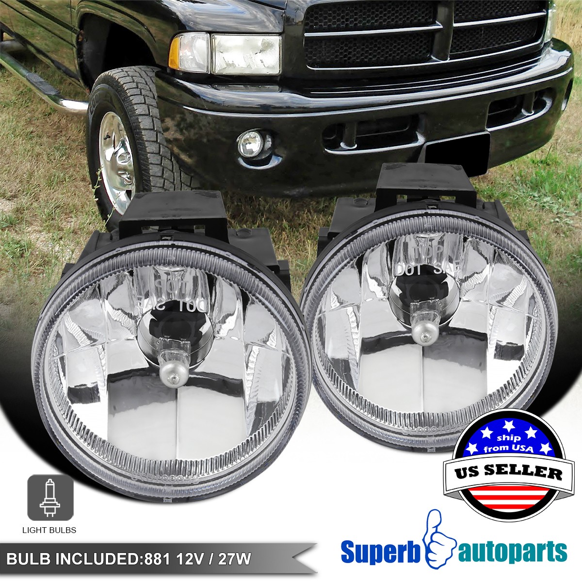 Fits 1999-2002 Dodge Ram Sport Package Fog Lights Bumper Lamps Bulbs Pair 99-02