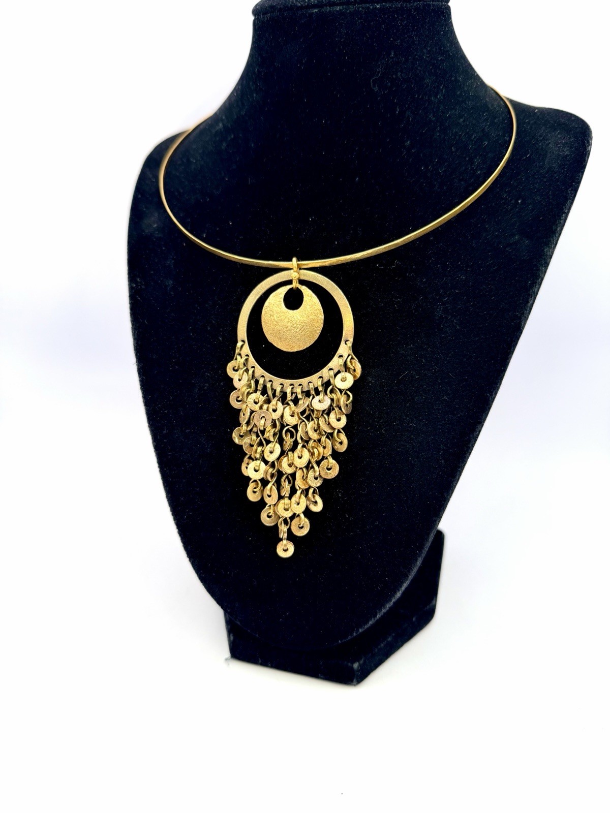Vintage Artisan All Metal Handmade Circle Cutout Fringe Choker Necklace DbG P