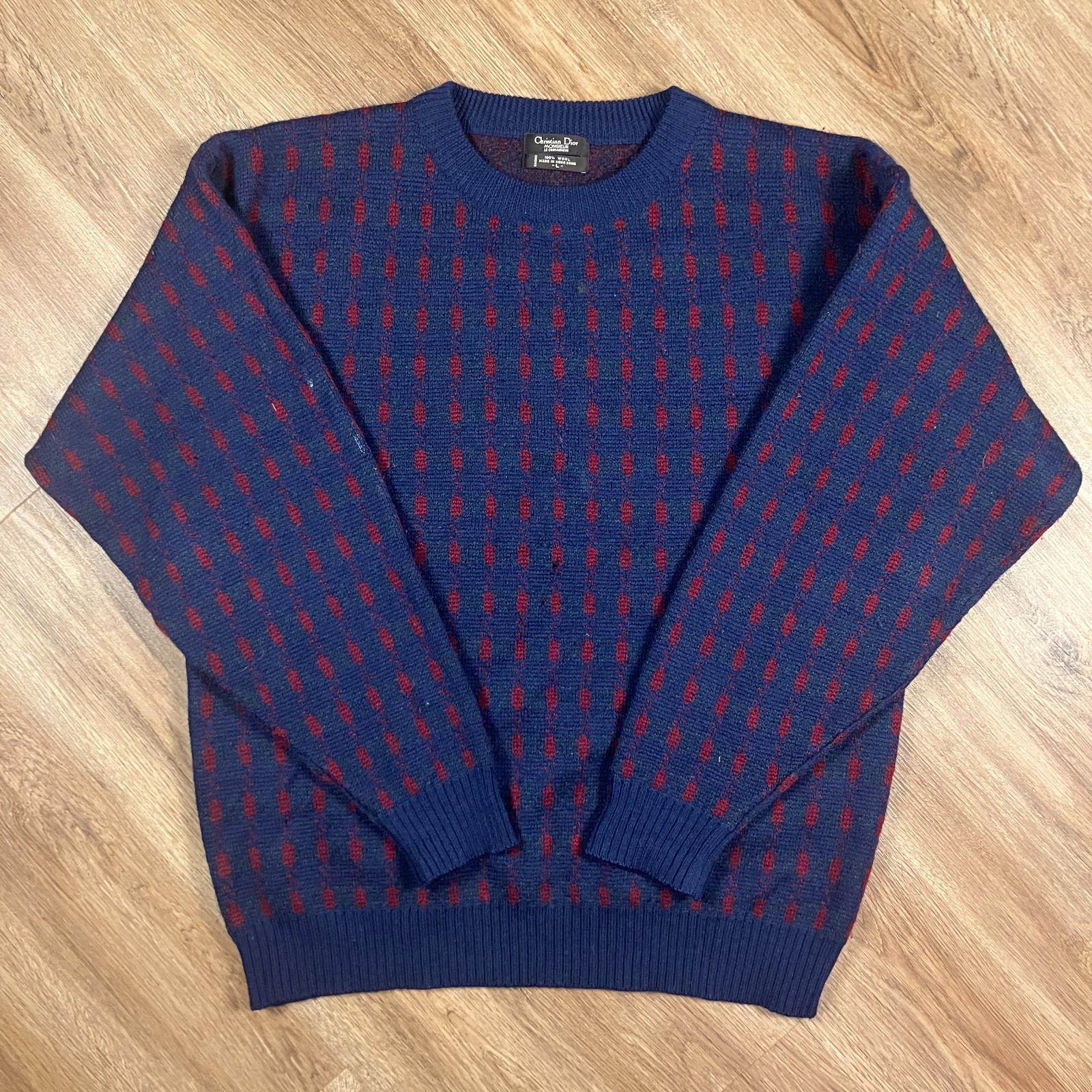 Christian Dior Monsieur Maroon Blue & Green 1990s Wool Pattern Sweater Large