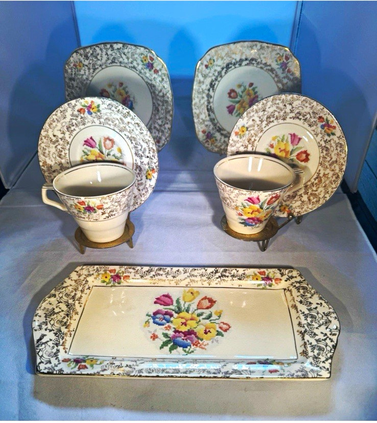 Royal Tuscan Floral,  2 Dessert Plates,  2 Cups & Saucers, 1 Rectangular Plate