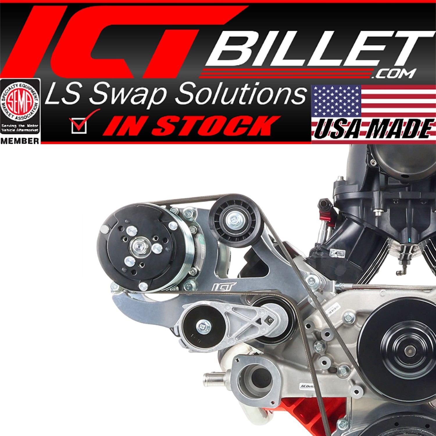 ICT Billet 551474-1 LS Sanden 508 A/C Air Compressor Bracket Kit LS1 LS3 LSX AC
