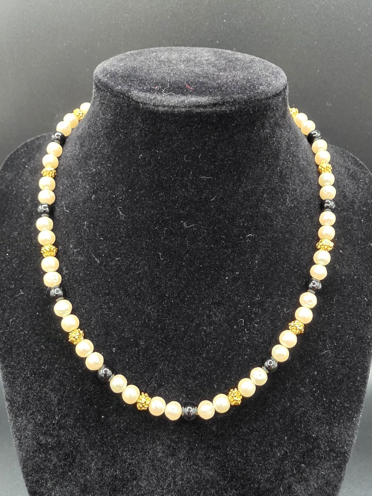 Vintage Trifari Faux Pearl with Black and Gold Tone Beads Choker style Necklace