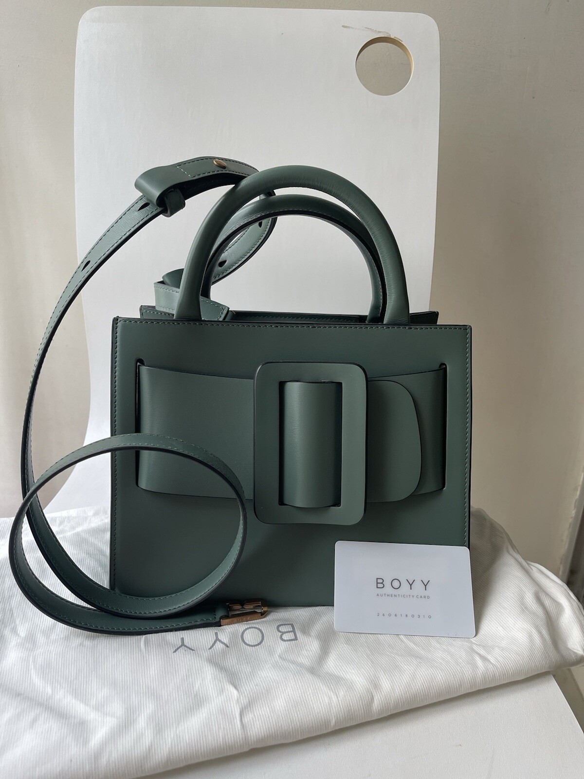 AUTH BOYY Bobby 23  Buckle Leather Top Handles Tote CANARD GREEN