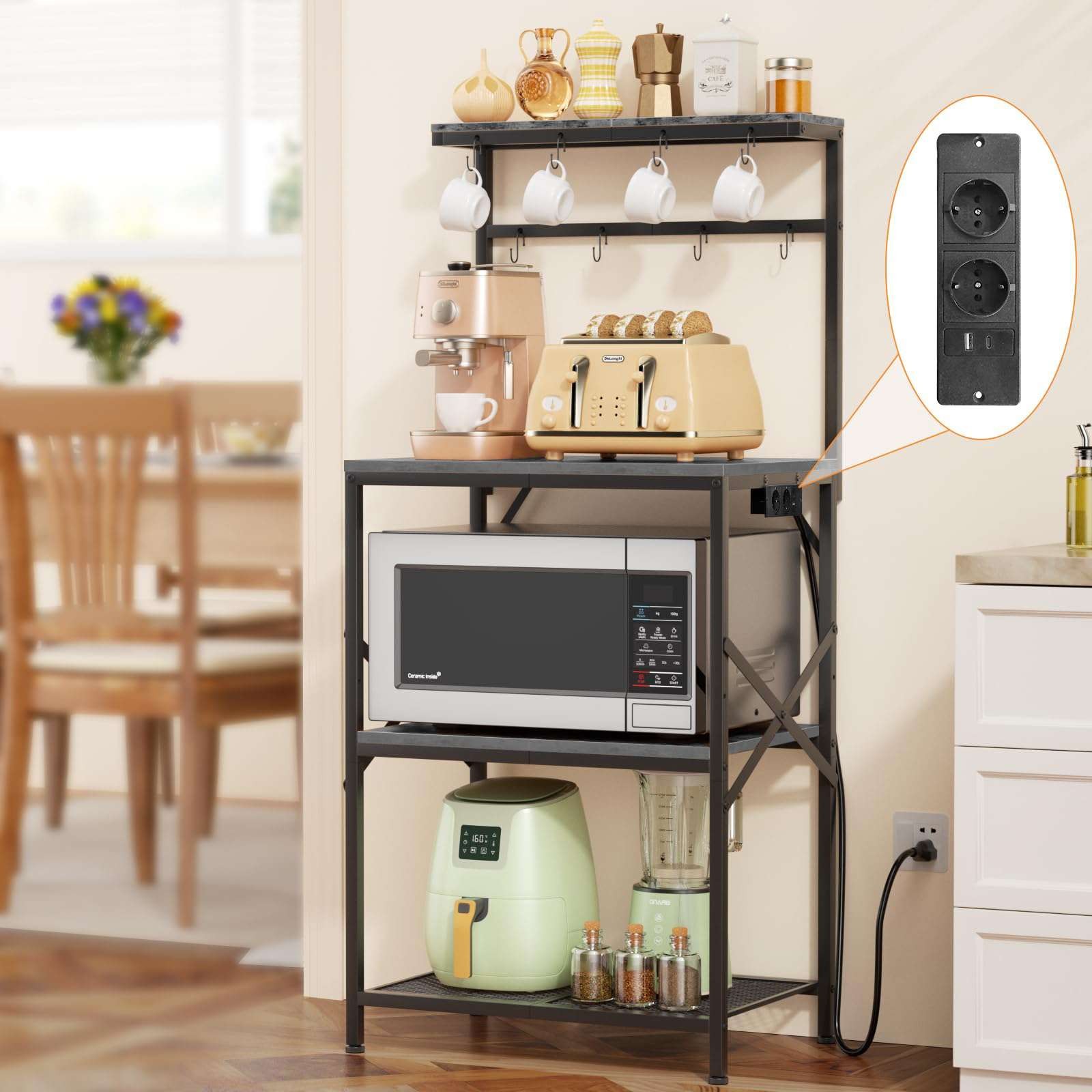 Bakers Rack with Power Outlet, Kitchen Shelves Microwave Stand with Wire Grid an