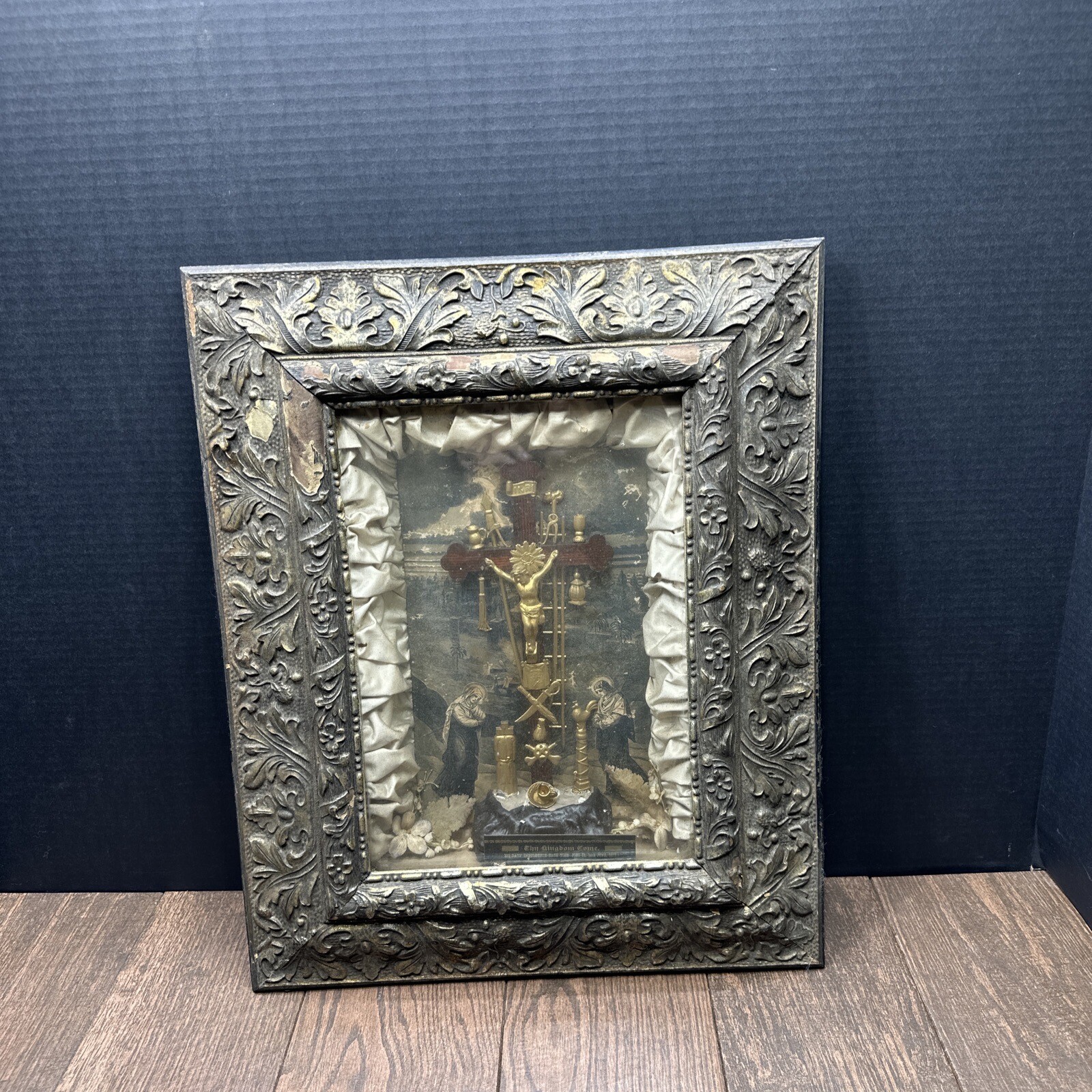 Antique Shadow Box Jesus Crucifix Thy Kingdom Come 1877 The Passion Wall Art