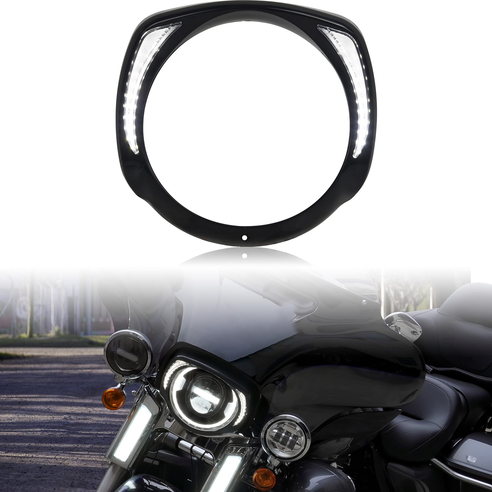 VEISUTOR Headlights Bezel Ring w/LED DRL for Harley Touring, Black Headlight ...