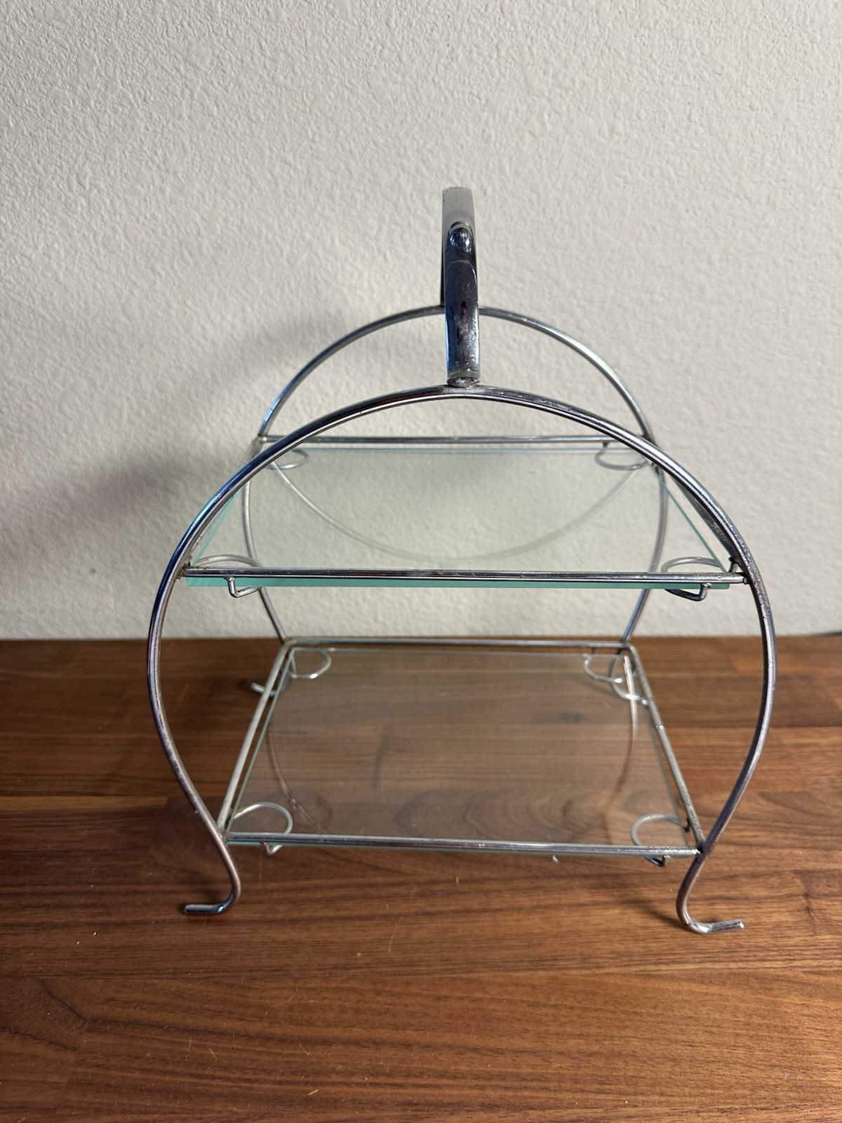 1930s Vintage Two Tier Cake Stand Glass Shelving Chrome
