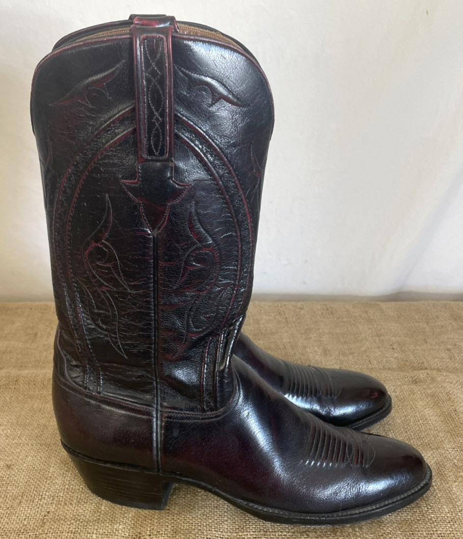 VTG Lucchese L6630 Mens 11B Burgundy Black Cherry Leather Western Cowboy Boots