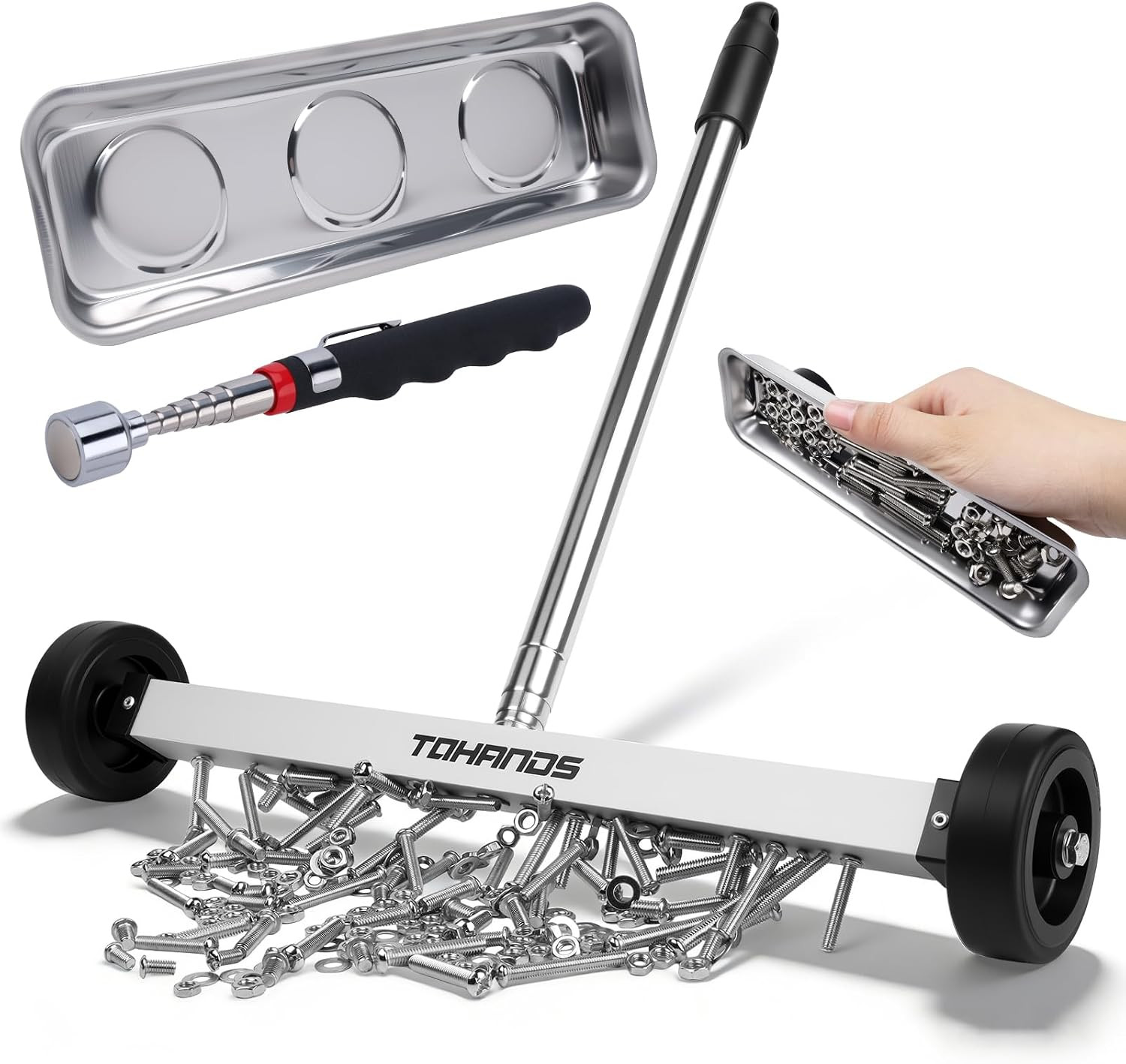 Magnetic Sweeper with Wheels & Telescoping Pickup Magnet 3-Pcs Set