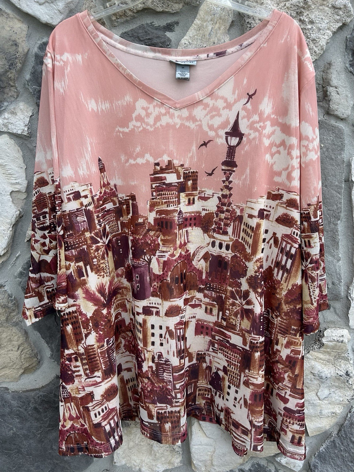 Catherines Blouse Top Size 3X Pink Cityscape Print Resort Vacation Art Feminine Catherines Blouse Top Size 3X Pink Cityscape Print Resort Vacation Art Feminine