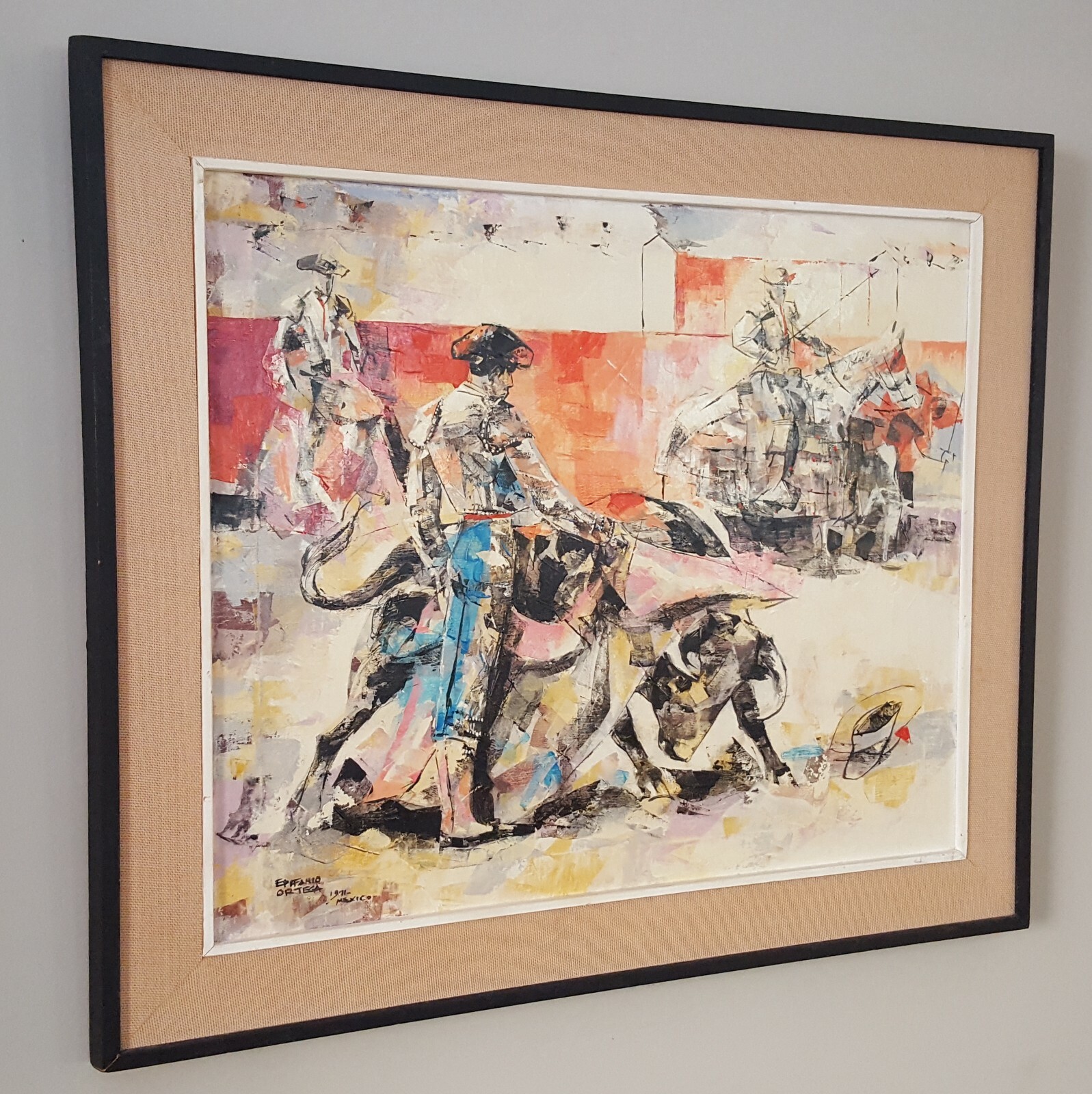 Vintage MCM Epifanio Ortega Oil On Canvas Painting Abstract Bullfighting Scene