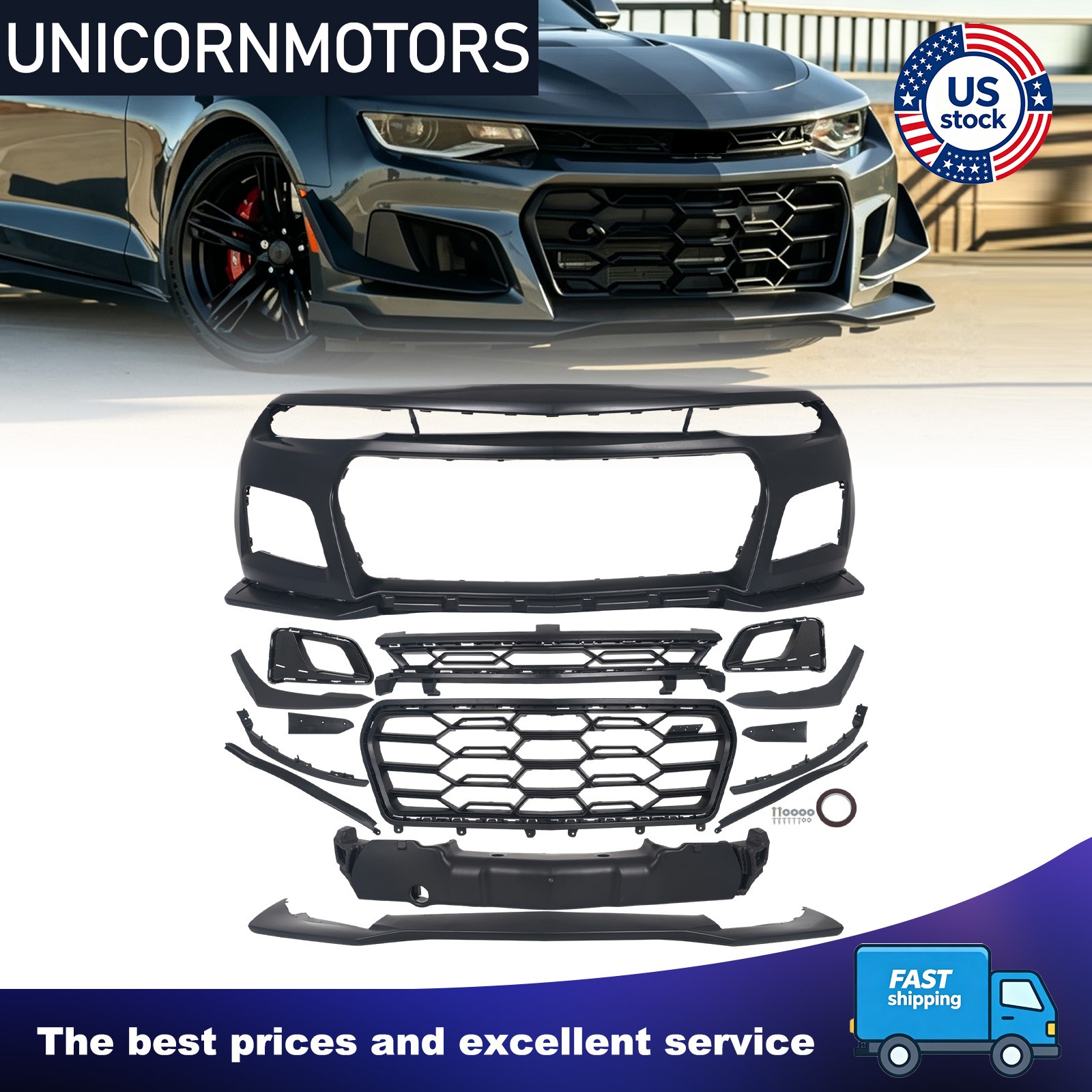 Black Front Bumper Cover Complete For 2019-2023 Chevy Chevrolet Camaro 1LE style Black Front Bumper Cover Complete For 2019-2023 Chevy Chevrolet Camaro 1LE style