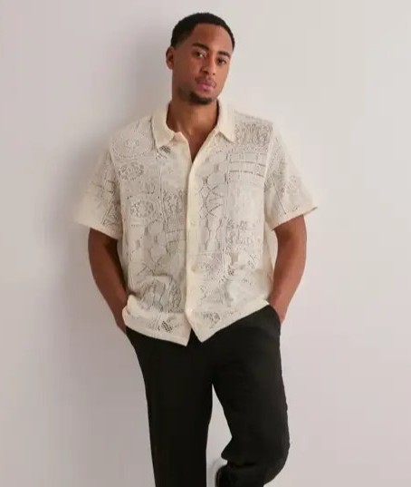 Les Deux Hector Short Sleeve Lace Shirt Men\'s Medium Ivory Button Front Closure