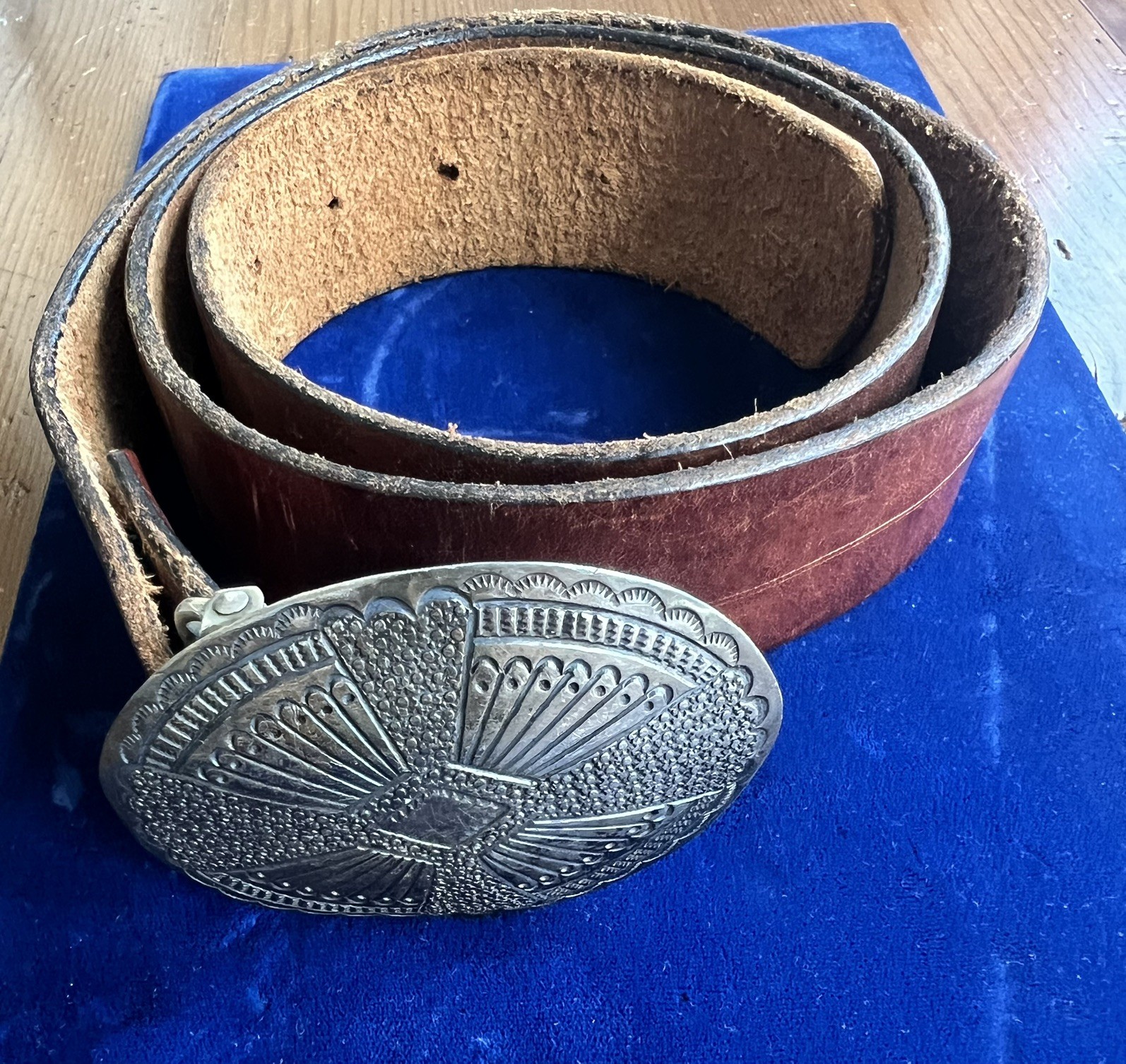 Vintage Sterling Silver Belt Buckle & belt. Signed J Blackgoat Navajo 3”x2.5”