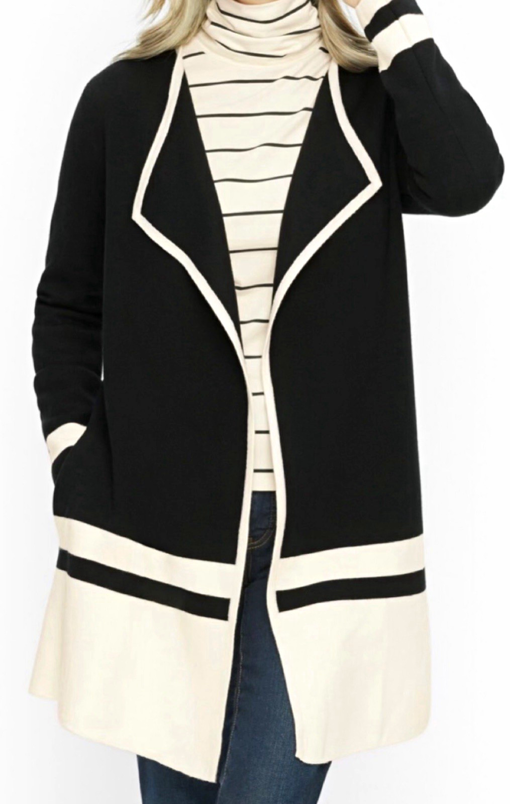 Talbots Women\'s Plus 2X Black White Merino Wool Knit Open Front Cardigan Pockets