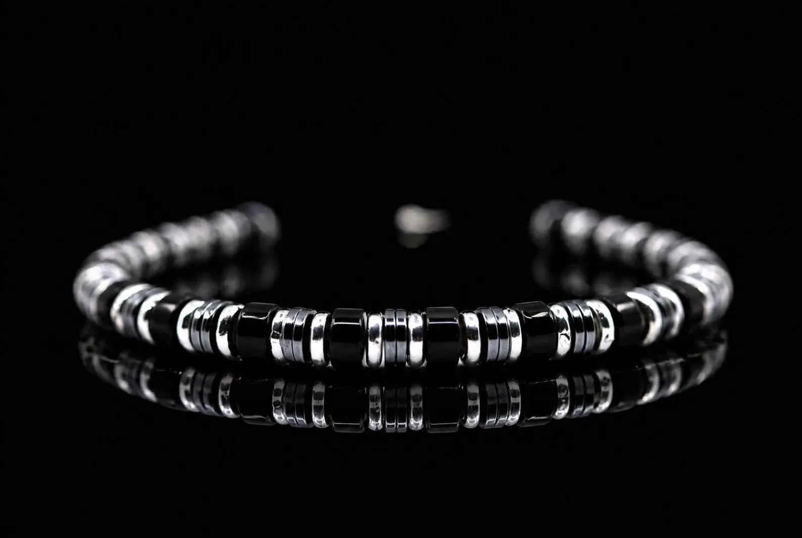 Black Onyx & Gray Hematite Heishi Bracelet with Heavy Sterling Silver Accents